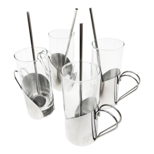 Vintage Mid-Century Modern Tall Drinking Glasses With Sleek Silver Metal Holders & Straw Spoons - 4 Pieces