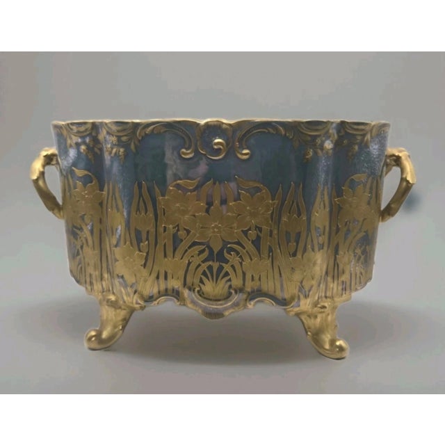 Dresden Porcelain Dresden Centerpiece Cache Vase Iridescent Gold Gilt Daffodils Vienna Art Nouveau Porcelain For Sale - Image 4 of 12