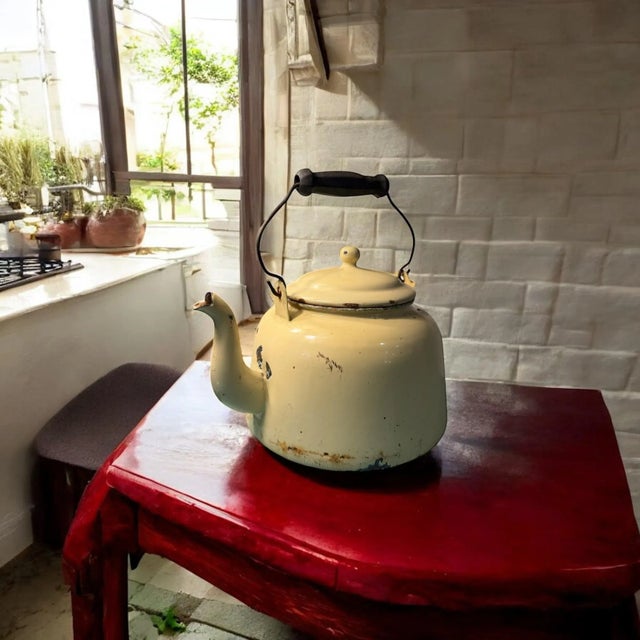 20th Century Rustic Enamel Yellow Tea Kettle Cottage Decor or Planter For Sale - Image 4 of 16