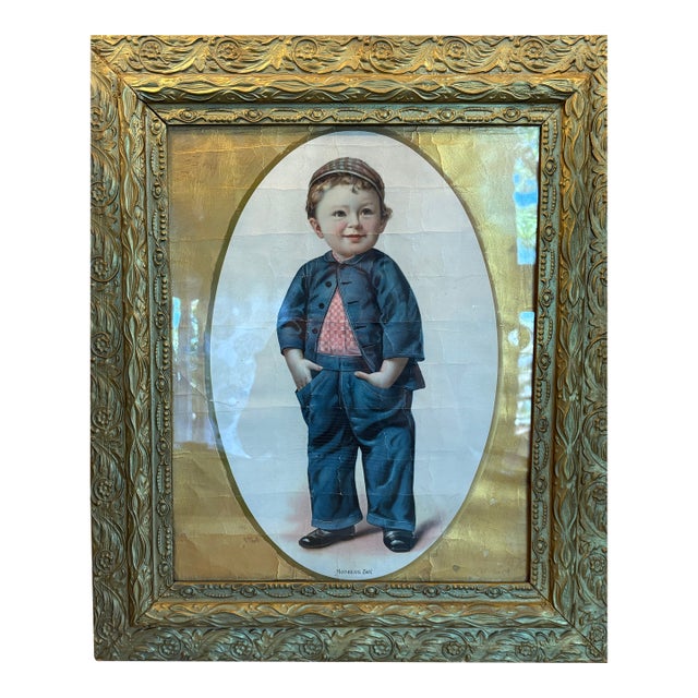Antique “Mother’s Boy” Mother’s Oats Advertising Chromolithograph in Ornate Victorian Gilt Composition Frame For Sale