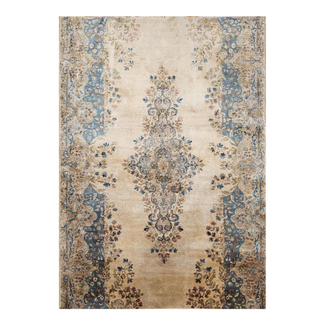 Vintage Persian Kerman Rug, Hand-Knotted Wool, Floral Pattern, Ivory & Blue, 5x7 For Sale