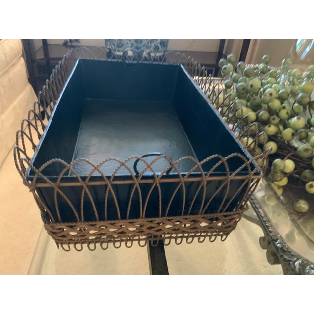 Vintage Painted Black Crackle Finish Metal Container With Brass Surround - Set of 2 For Sale - Image 12 of 13