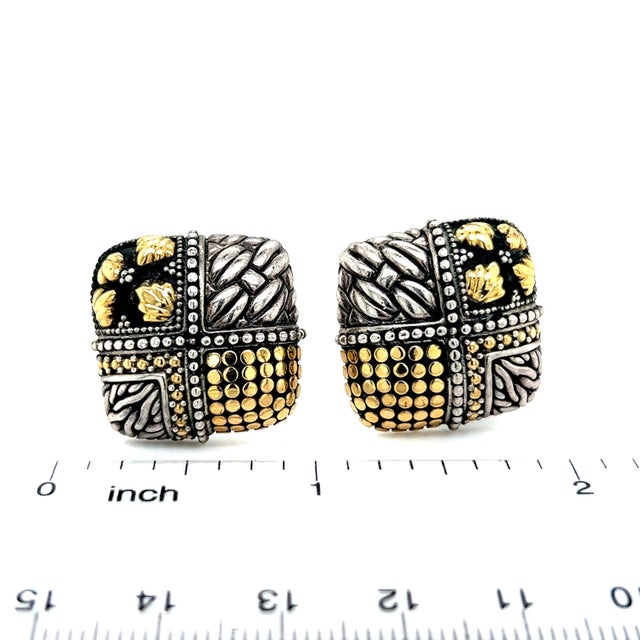 John Hardy Estate Square Ornate Clip-on Earrings 18k Y Gold + Sterling Silver JH27 TRUSTED SELLER SINCE 2002 PLEASE SEE...