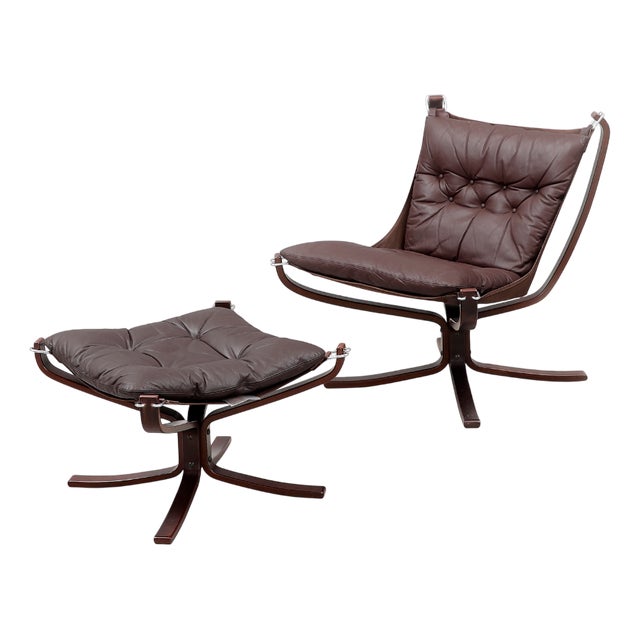 Set of Vintage Falcon Chairs and Ottoman in Brown Leather and Plywood by Sigurd Ressell for Vatne Møbler, 1970s For Sale