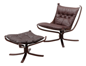 Set of Vintage Falcon Chairs and Ottoman in Brown Leather and Plywood by Sigurd Ressell for Vatne Møbler, 1970s