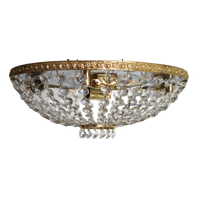 Brass and Lead Crystal Chandelier, 1970s For Sale