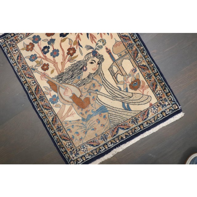 Persian Vintage Zabihi Collection Persian Nain Pictorial Lady with a Banjo Rug - 1'5" x 1'9" For Sale - Image 3 of 6