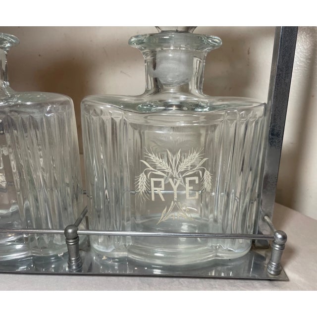 Metal Vintage Mid Century Modern Glass Tantalus Decanter Scotch Rye Liquor Bottle Set - 3pcs For Sale - Image 7 of 13