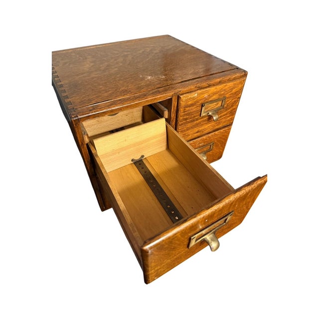 Vintage Macey Library Card Catalog – Four Drawer Wood Cabinet With Brass Hardware For Sale - Image 9 of 13