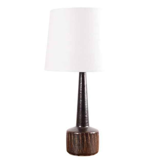Mid-Century Danish Brown Glazed and Striped Ceramic Table Lamp from Palshus, 1960s For Sale