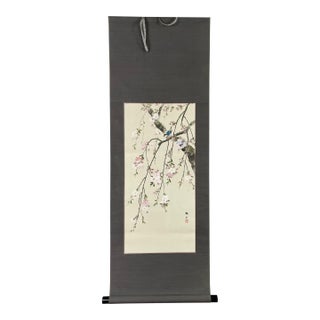 Blue Bird & Cherry Blossoms, Japanese Hand-Painted Silk Kakejiku (Hanging Scroll), Early 20th C.entury For Sale