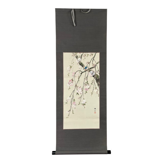Blue Bird & Cherry Blossoms, Japanese Hand-Painted Silk Kakejiku (Hanging Scroll), Early 20th C.entury For Sale