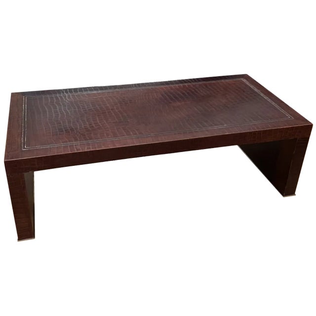 Large French Faux Crocodile Pressed Leather Coffee Table, 1970s For Sale