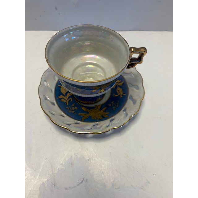Art Nouveau Antique Art Nouveau Teacup & Pierced Saucer, Cobalt Blue Gilt Porcelain, Iridescent Opaline Glaze, European C. 1900. Harrach Moser School Style For Sale - Image 3 of 6
