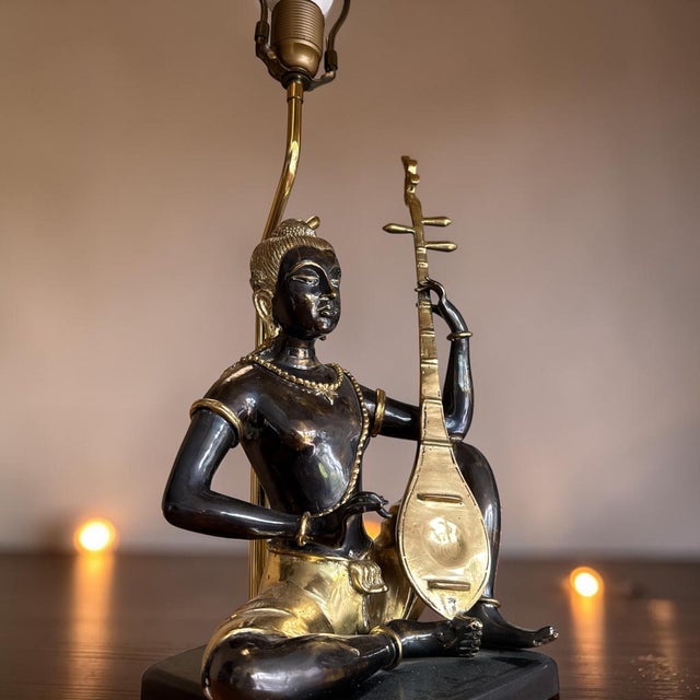 Blue Late 20th Century Art Deco Bronze Statue Lamp With Gold-Tone Shade For Sale - Image 8 of 12
