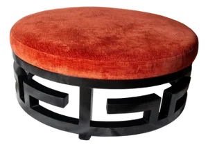 Greek Key Round Ottoman, Wood Base, Orange-Red Velvet, 1980s
