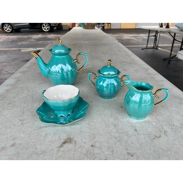 Contemporary Vintage-Inspired Teal Lustre Tea Service With Gold Trim - 5 Pieces For Sale - Image 3 of 5