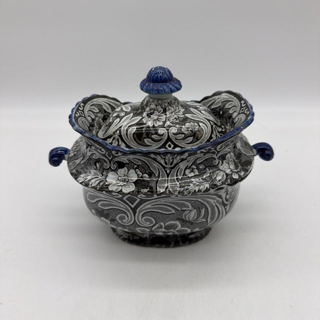 Antique Salopian-Type Black Transferware Covered Sugar Bowl, Staffordshire, Circa 1820s A striking antique English covered...