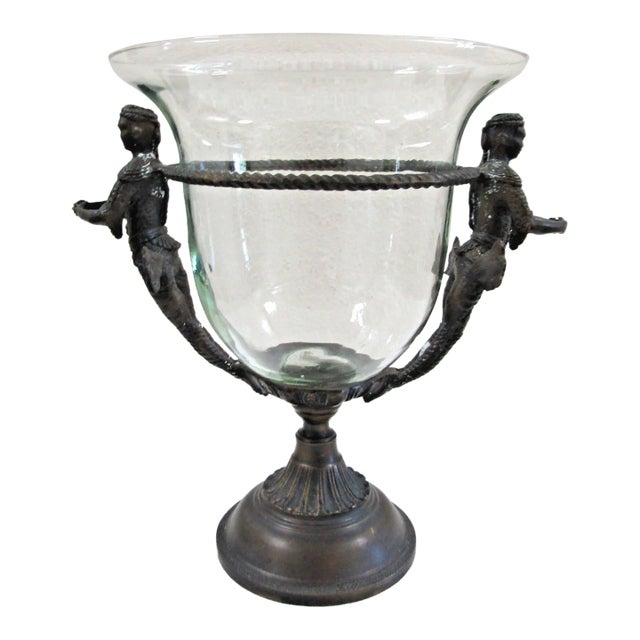 Vintage Baroque Style Case Glass Bowl With Dual Figurative Metal Handles and Stand For Sale