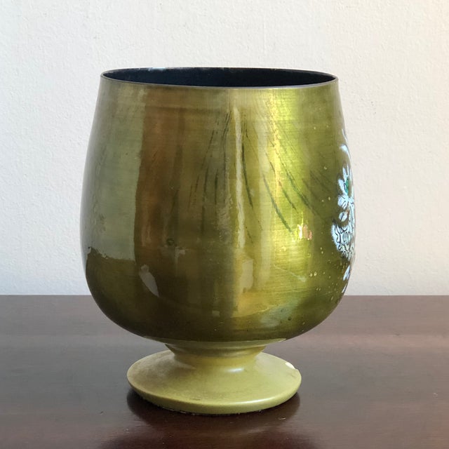 Metal Circa 1960 Sascha Brastoff Green Floral Copper Enamel Cachepot For Sale - Image 7 of 12