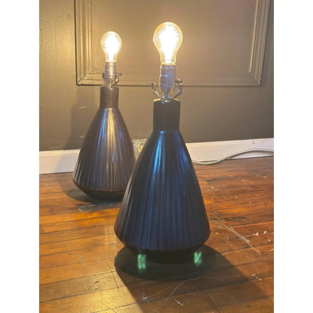 Pair of 1980s Postmodern Ceramic Lamps With Custom Red Pleated Shades For Sale - Image 9 of 9