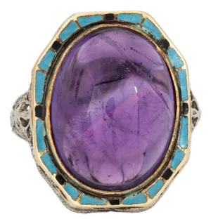 Vintage Art Deco Amethyst Ring Turquoise Enamel Cocktail 14k Gold Filigree 5.75