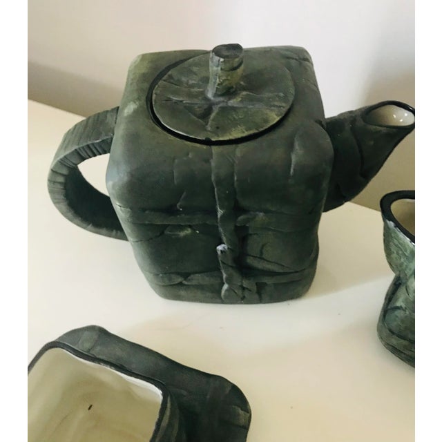 Artisan made unique bisque porcelain and glazed porcelain inside, vintage tea set for six persons.