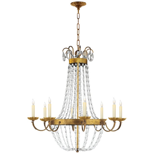Chapman & Myers for Visual Comfort Signature Paris Flea Market Large Chandelier in Gilded Iron with Seeded Glass For Sale