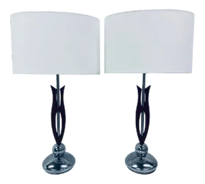 1970s Nova Chrome and Walnut Wood Lamps With New Cotton Linen Shades - a Pair