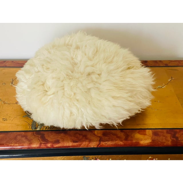 Contemporary Vintage Wicker Stool With Lambskin Pillow For Sale - Image 3 of 3