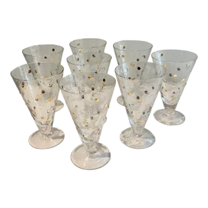 1980s Vintage Stephen Smyers-Style Handblown Gold and Clear Raised Dot Water/Wine Goblets- Set of 8