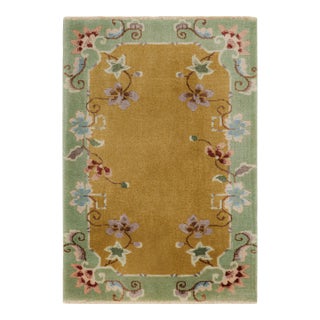 Rug & Kilim’s Chinese Art Deco Rug in Brown and Green With Floral Patterns For Sale