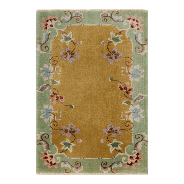 Rug & Kilim’s Chinese Art Deco Rug in Brown and Green With Floral Patterns For Sale