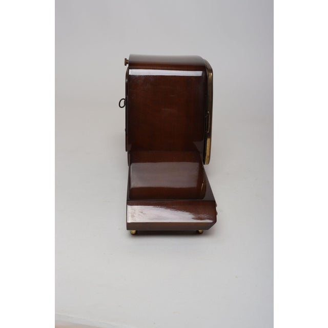 German Art Deco Mahogany and Brass Mantle Clock With Key by Emes For Sale - Image 9 of 18