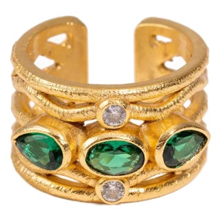 Emerald & Diamond Regal Adjustable Gold Ring, Size 8 For Sale