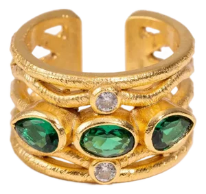 Emerald & Diamond Regal Adjustable Gold Ring, Size 8