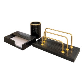 Vintage Italian Crocodile Style Embossed Leather Desk Set for Saks Fifth Avenue- 3 Pieces For Sale