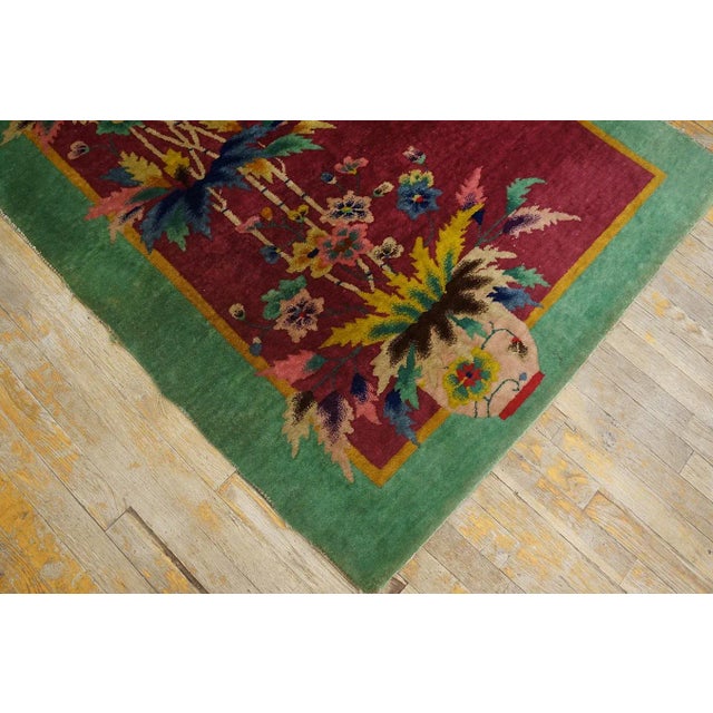 Textile Amazing Pink Blush Color and Turquoise Teal Border With Floral Design Antique Chinese Art Deco Rug For Sale - Image 7 of 11