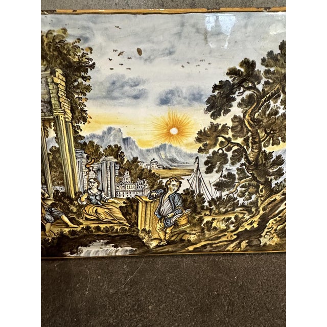 Castelli Majolica Tile Depicting a River Landscape with Architectural Ruins, Boats and Figures in the Foreground, 1970s For Sale - Image 6 of 9