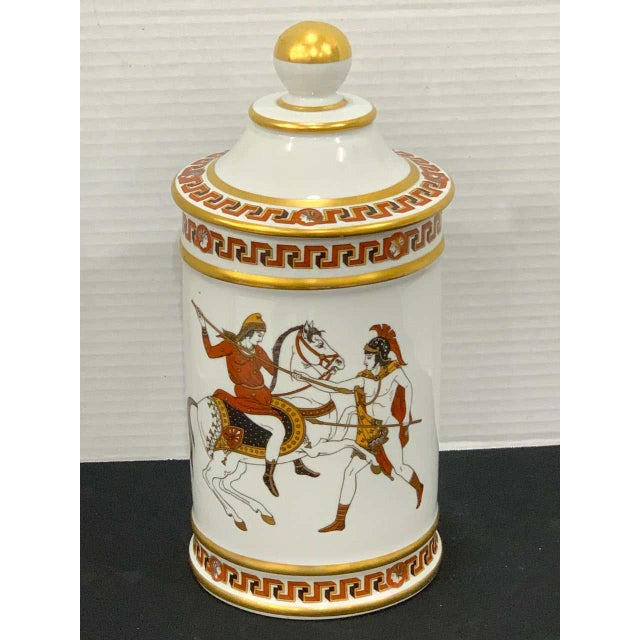 French Greek Revival Porcelain Apothecary jar, decorated front and back with two different vignettes, with Greek Key and...