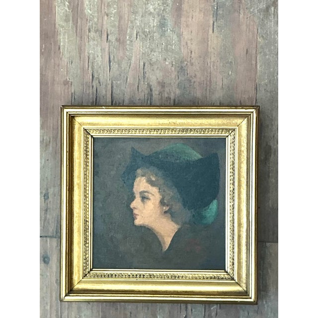 Gold Vintage Lady in Hat Oil Painting For Sale - Image 8 of 13