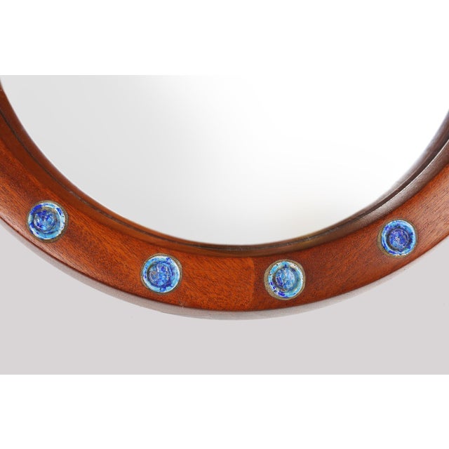 1960s French Round Wooden Mirror with Blue and White Glass Decoration, 1960s For Sale - Image 5 of 10