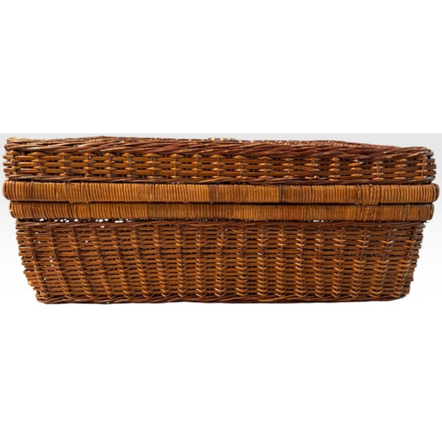 Wood Vintage Handwoven Wicker Suitcase Picnic Basket Hamper With Leather Strap and Brass Turn Lock Closure For Sale - Image 7 of 10