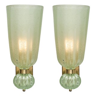 Contemporary Pale Green Murano Glass and Brass Sconces - a Pair For Sale