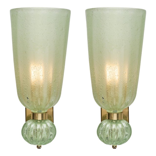 Contemporary Pale Green Murano Glass and Brass Sconces - a Pair For Sale
