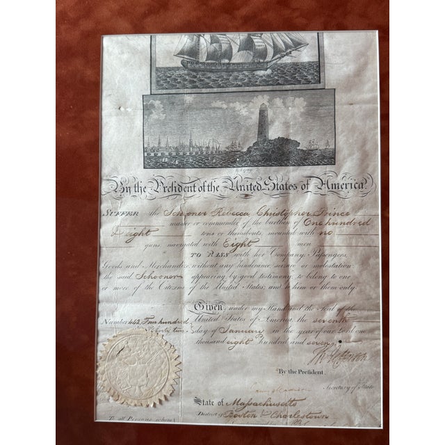 Early 19th Century Thomas Jefferson & James Madison. Ship's Passport, Schooner Rebecca Christopher Prince For Sale In Los Angeles - Image 6 of 12