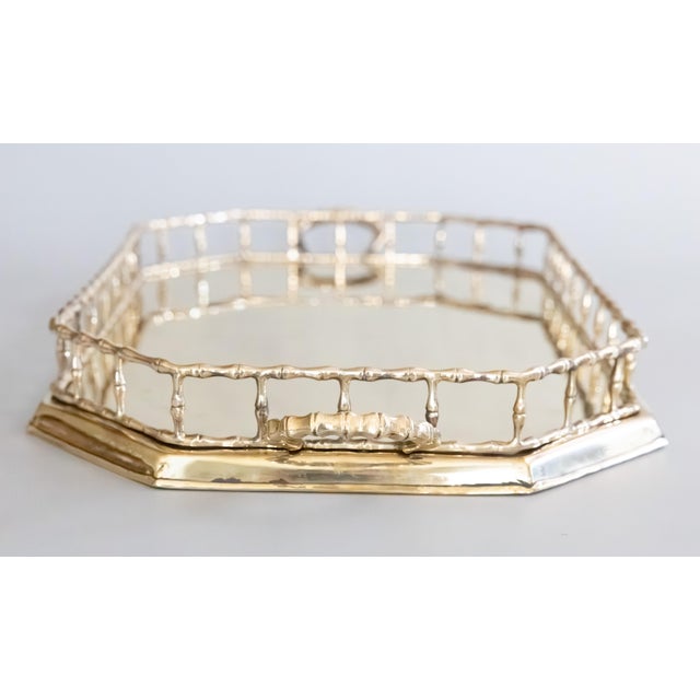 Leonard Large Mid-Century Faux Bamboo Polished Brass Octagonal Gallery Serving Tray For Sale - Image 4 of 11