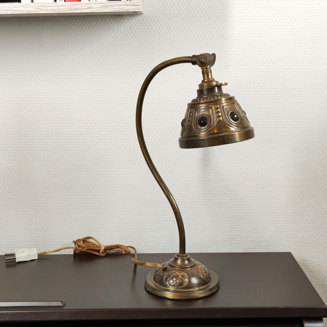 Antique Art Deco Jeweled Brass Gooseneck Desk Lamp With Ruby Glass Cabochons, Circa 1920s For Sale - Image 9 of 9
