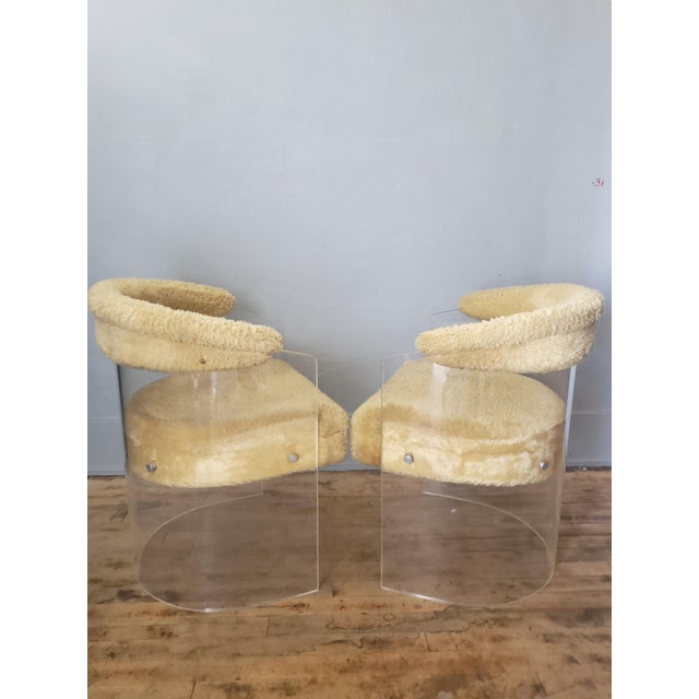 70's Panton Era Lucite Barrel Chairs. Upholstered in sheepskin in golden wheat. In the style of Vladimir Kagan.