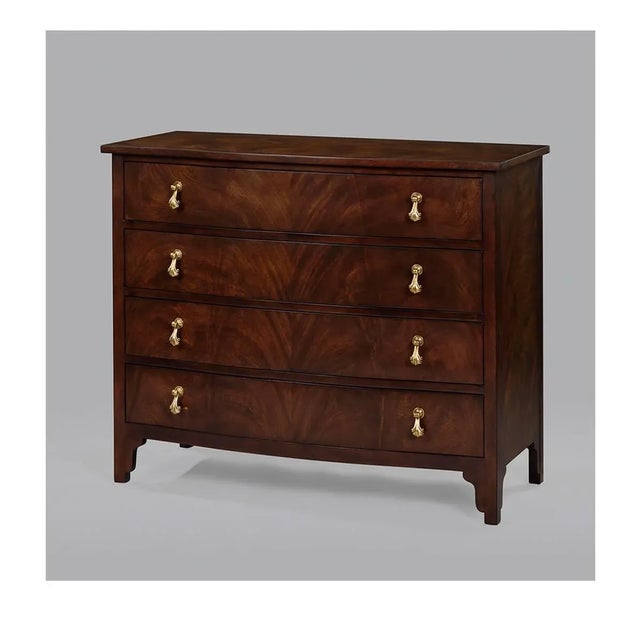 Georgian style bowfront chest with four self-closing drawers and hand-cast polished brass flourish hardware with a...